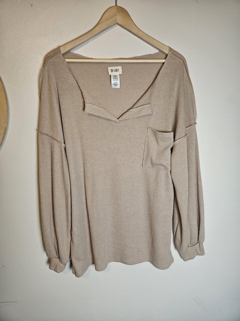 BiBi Taupe Ribbed V-Neck Long Sleeve Top with Pocket